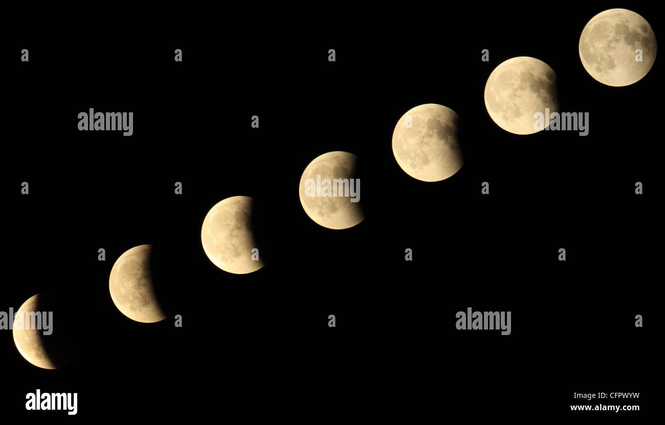 Progression of an eclipse of the moon in its main phases Stock Photo