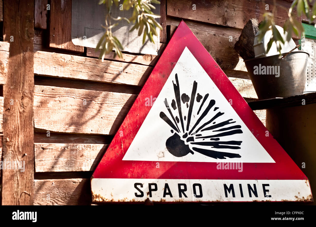 Land mine (Sparo mine) keep out warning sign. Danger mines sign Stock Photo