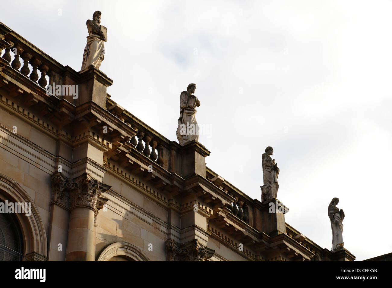 Glasgow Evangelical Church detail showing 4 Evangelists statues, designed by architect John Honeyman, built 1878-1880, Cathedral Square, Scotland, UK Stock Photo