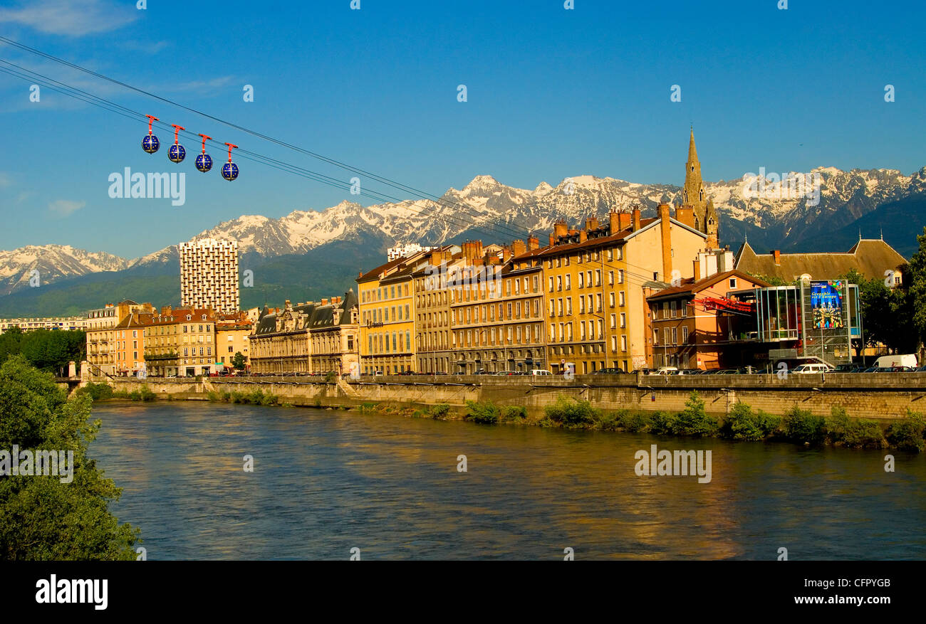 View of downtown Grenoble over the Isère River with les bulles