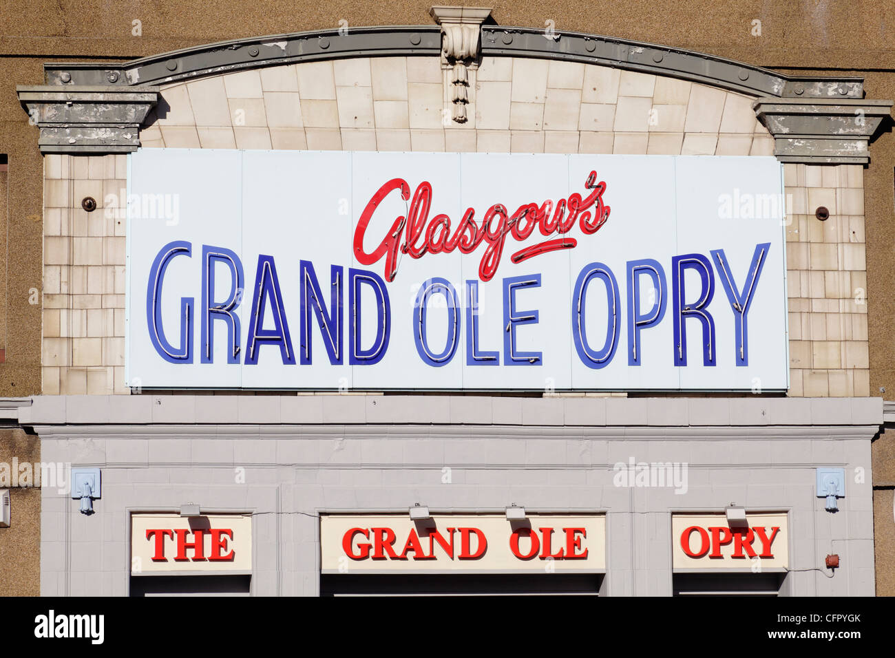 Sign above the entrance to the Grand Ole Opry a traditional Country and Western live music venue, Govan Road, Glasgow, Scotland, UK Stock Photo