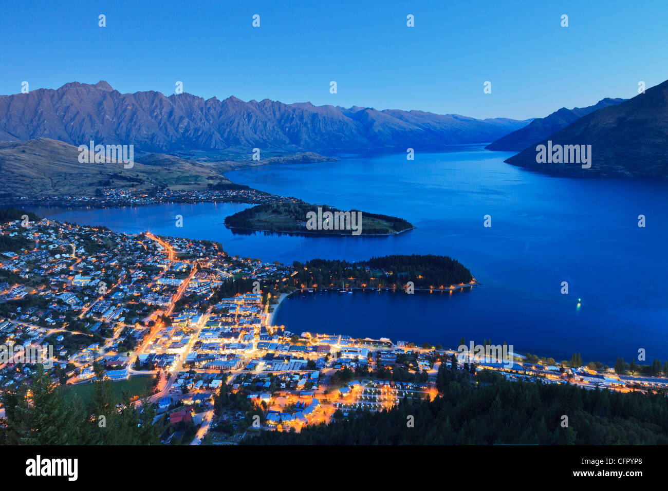 Queenstown, Lake Wakatipu and The Remarkables at twilight Stock Photo