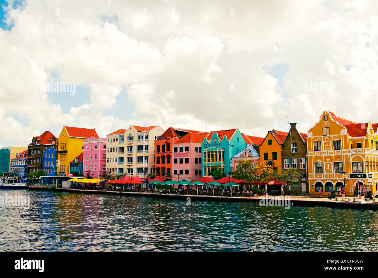 The Willemstad waterfront features the unique architecture of the Dutch Antilles. Stock Photo