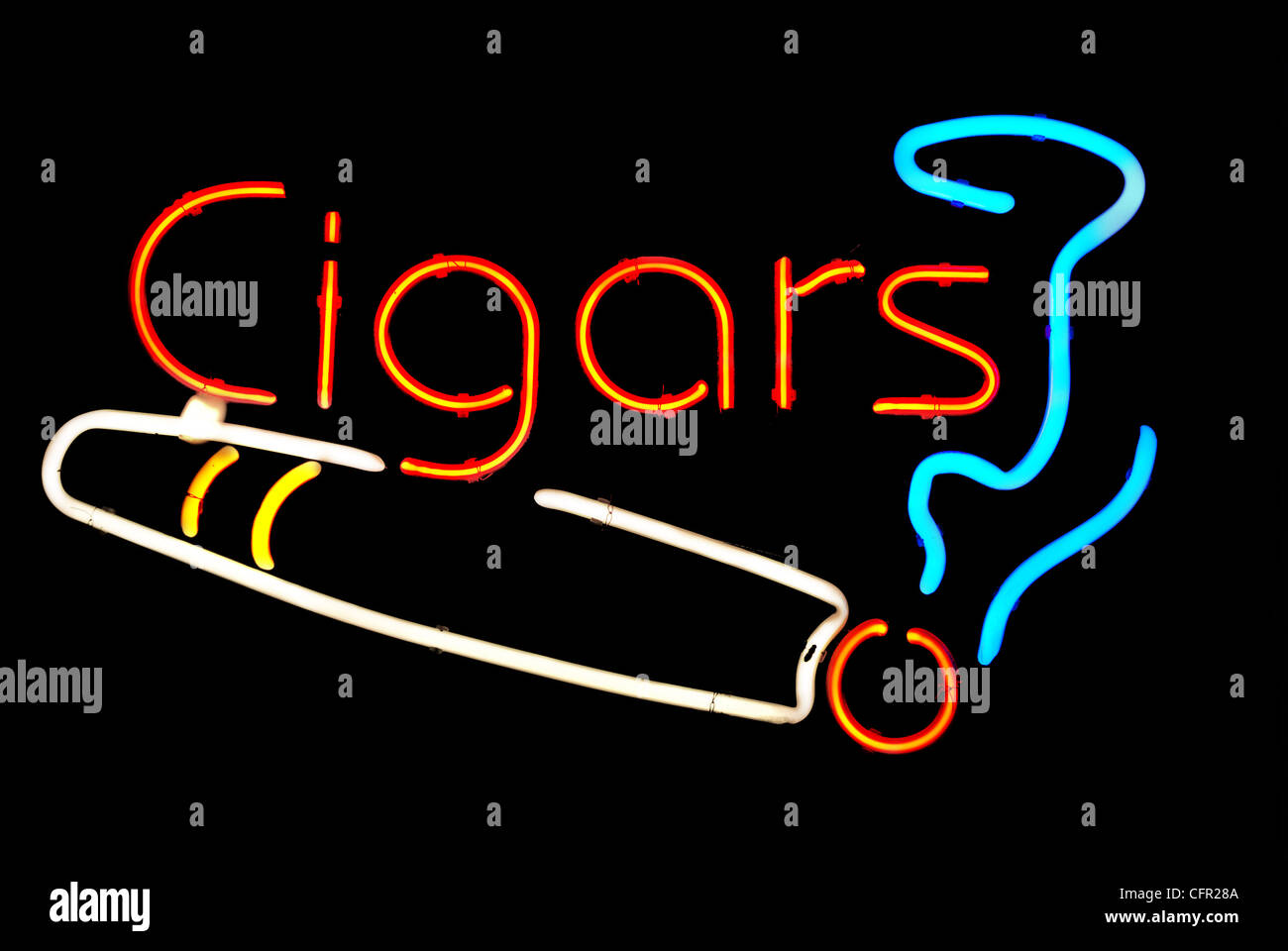 Cigars with smoke neon sign isolated on black background Stock Photo