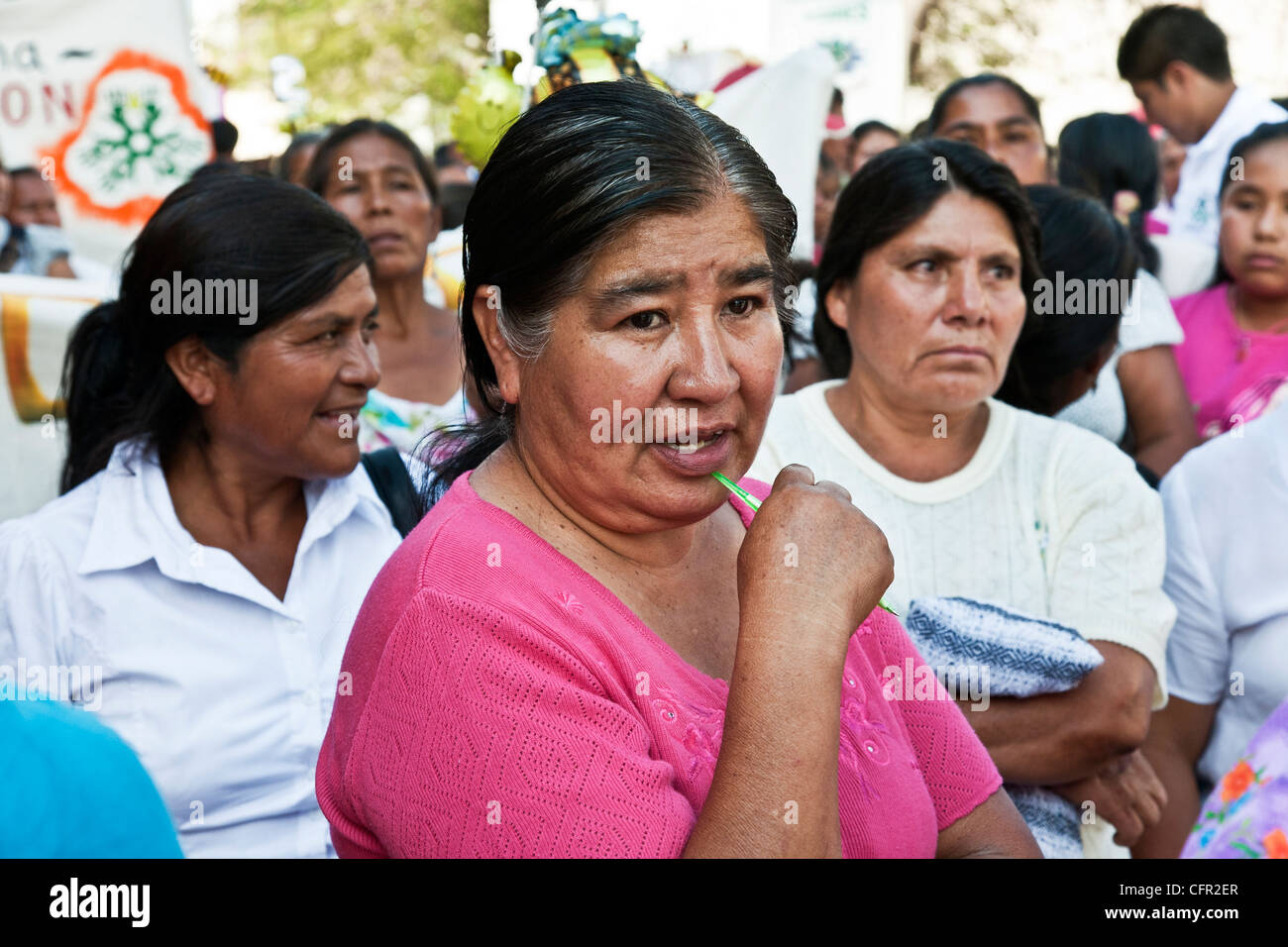 women who have benefited from microfinance loans for communities in Oaxaca gather to march on Bancomunidad 10th anniversary Stock Photo