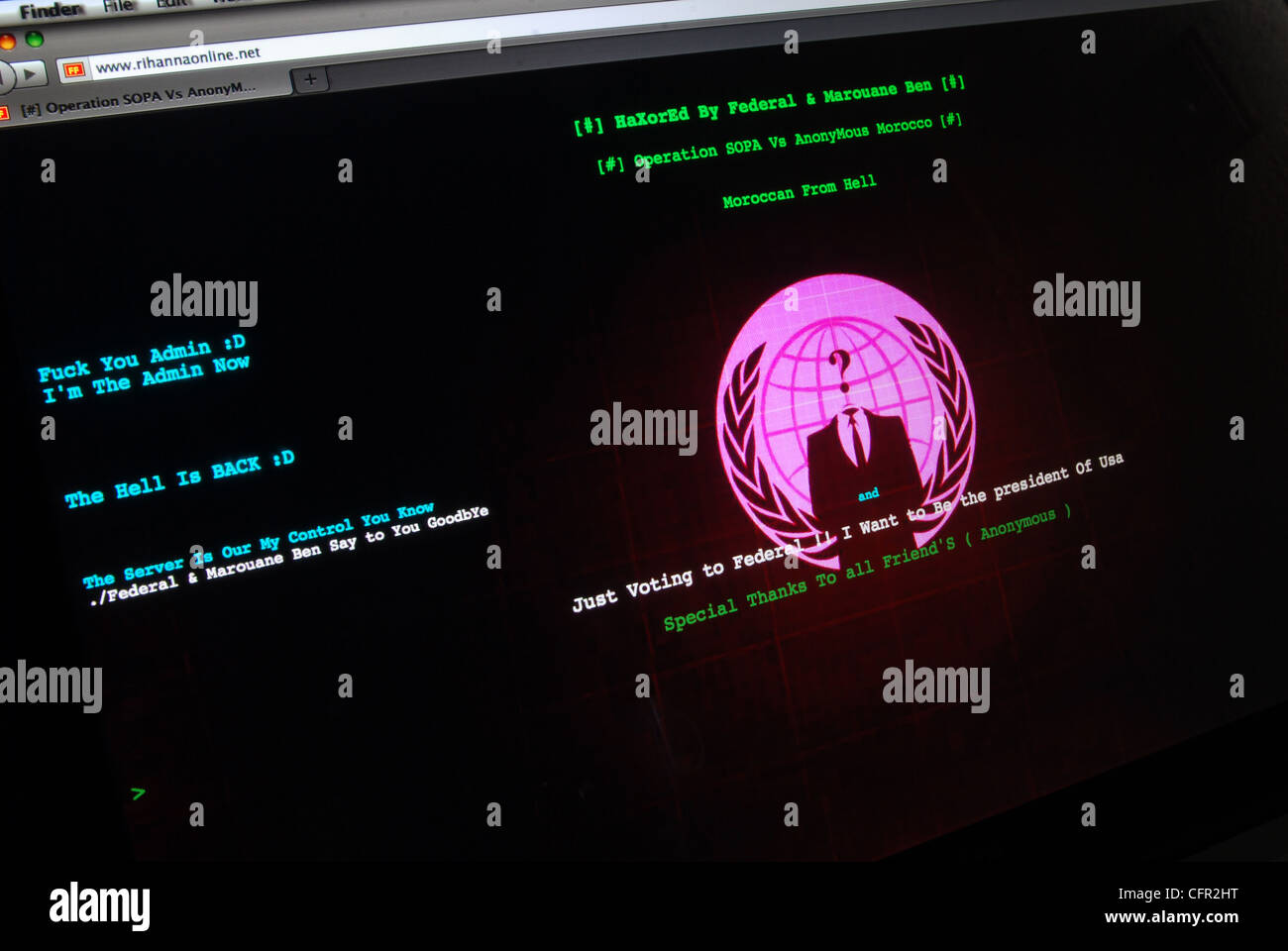 Hacked web site home page displaying message from worldwide hacker group Anonymous. Stock Photo