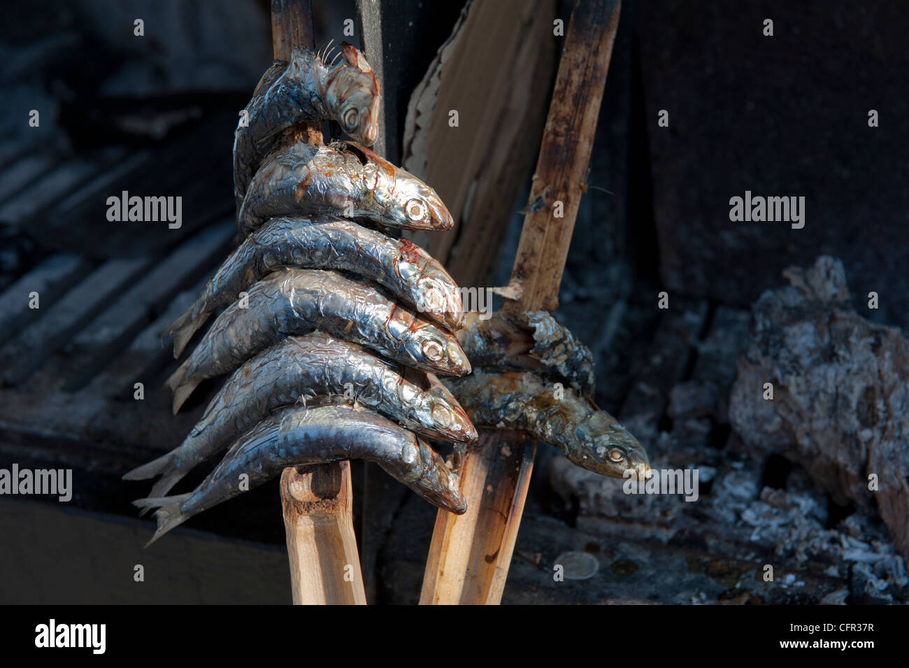 Sardines for sales next to BBQ on beach front at Spain's Costa Del Sol