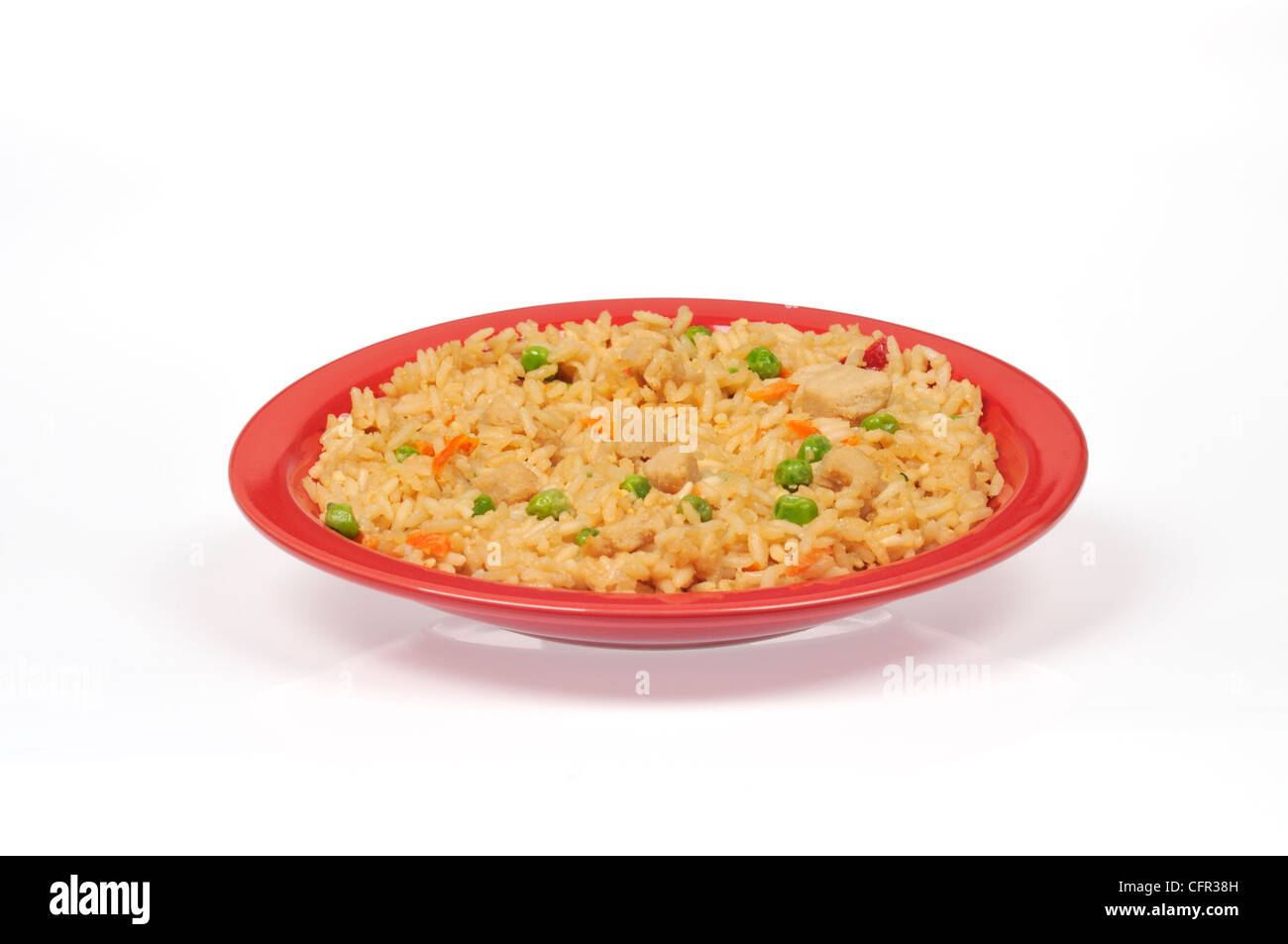Chicken fried rice on red plate isolated Stock Photo