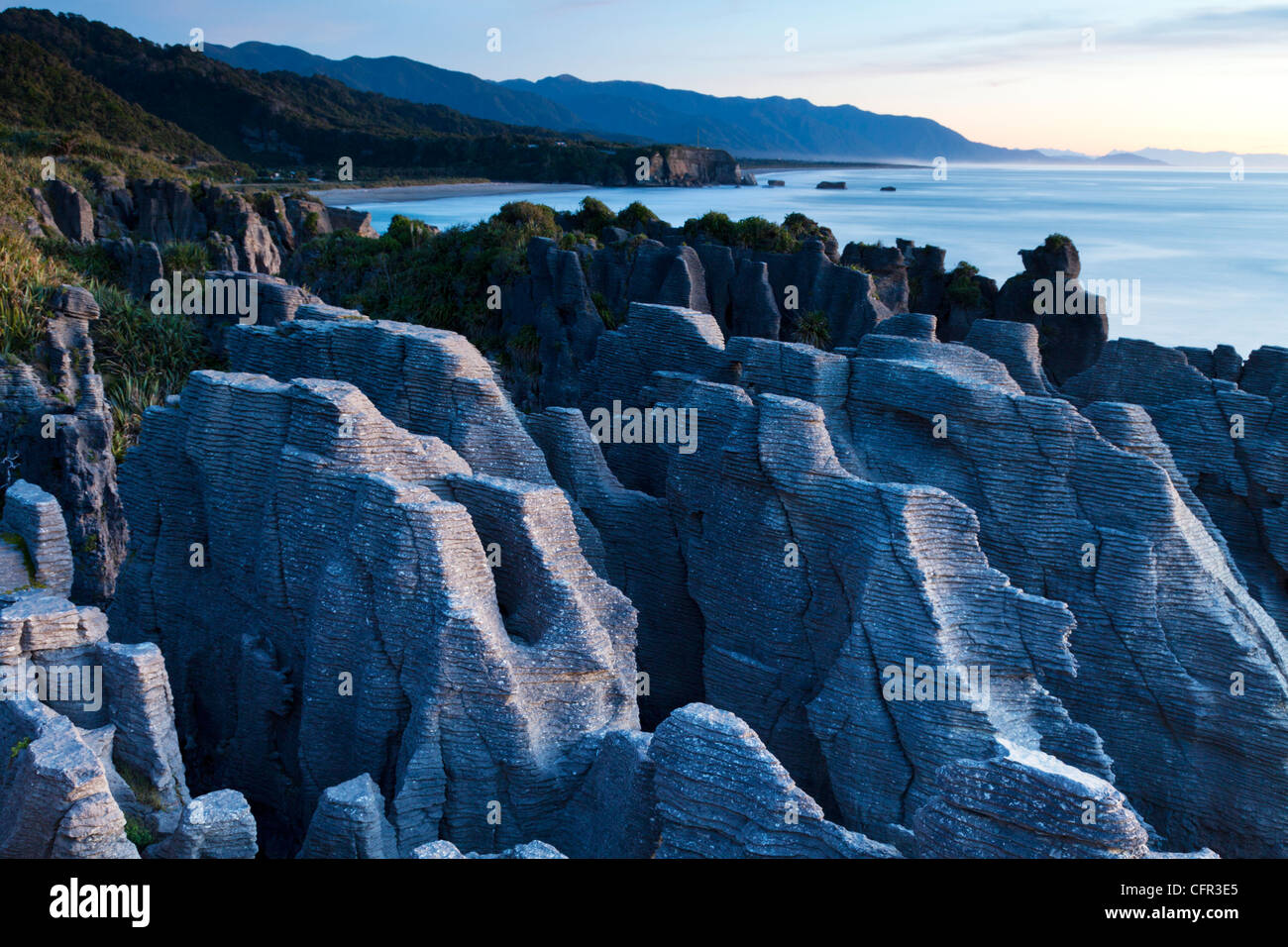 Eroded limestone formations known as Pancake Rocks, Dolomite Point, Punakaiki, on the west coast of New Zealand's South Island. Stock Photo