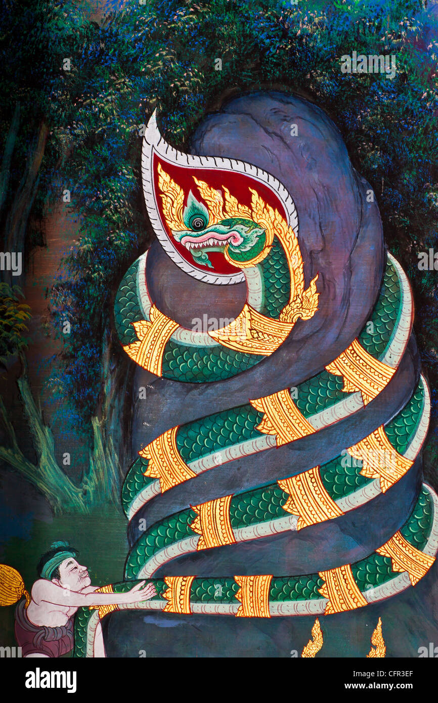 King naga, Vintage traditional Thai style art painting on temple. Stock Photo