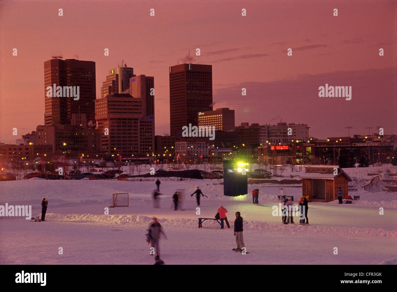 Skaters and Skyline, Winnipeg, Manitoba Stock Photo