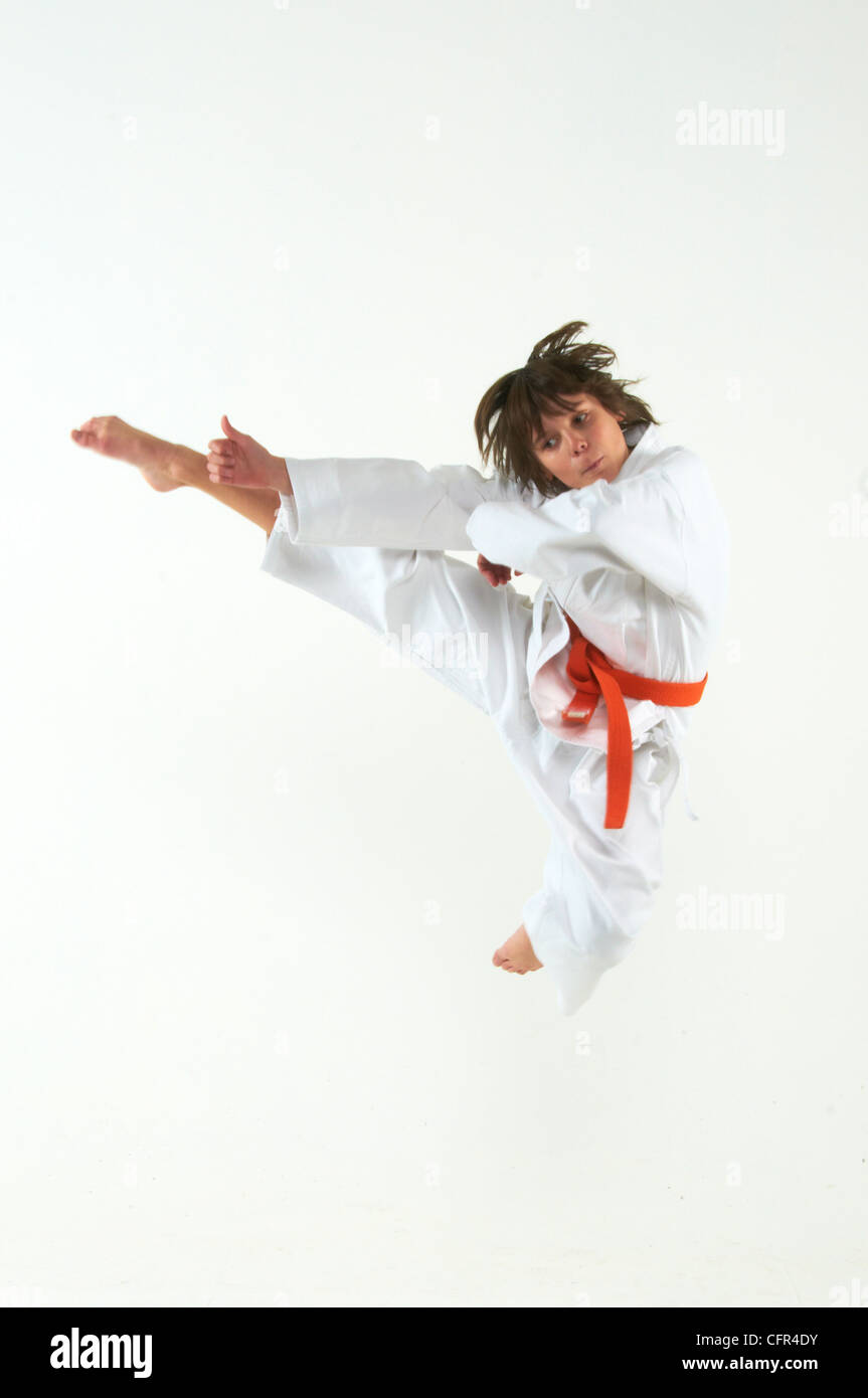 boy practicing karate on white background Stock Photo Alamy