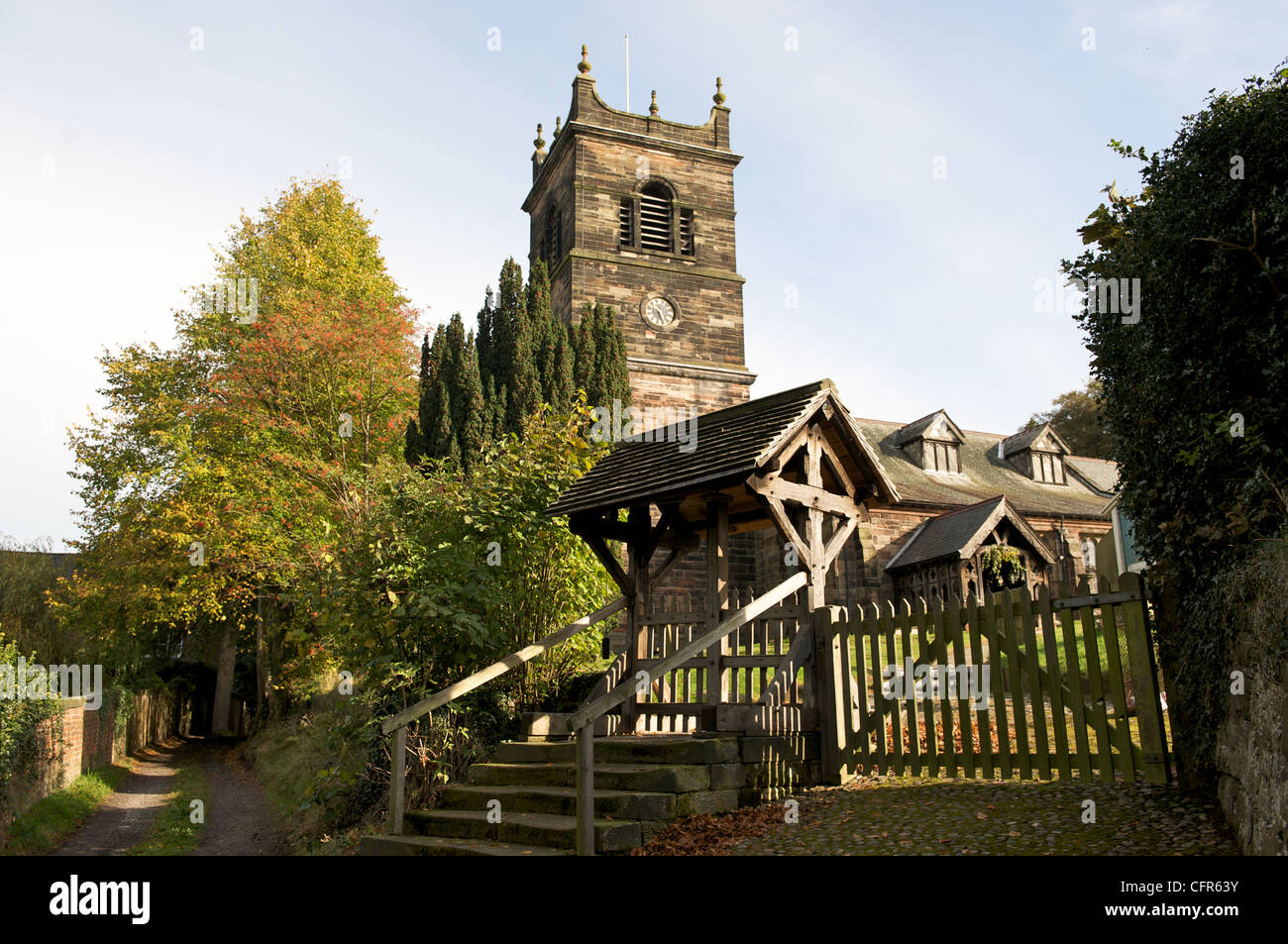 Wooden LYCH gate on Rostherne Parish Church, St Mary's , Knutsford, Cheshire Stock Photo