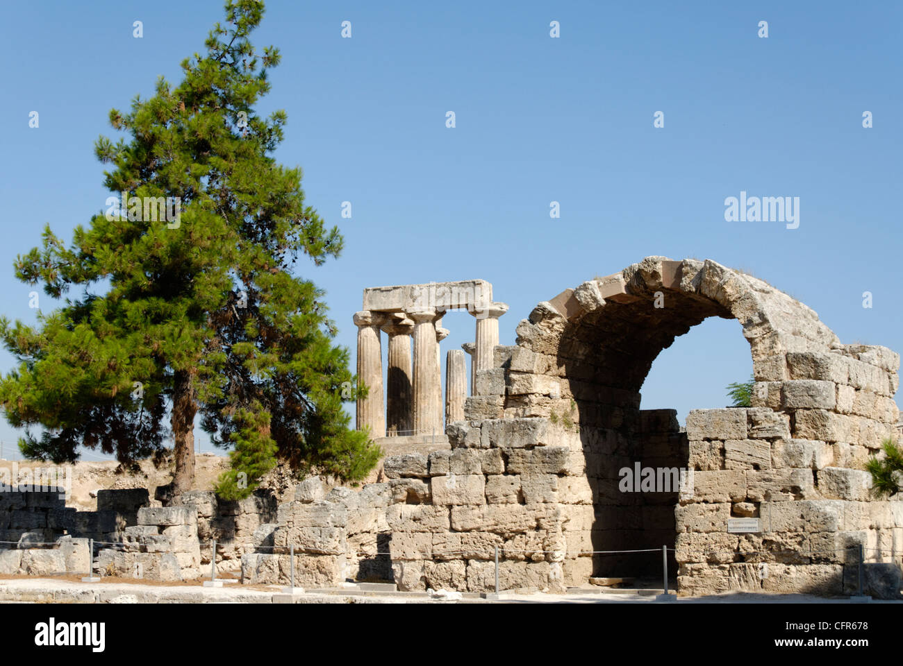 Ancient Corinth. Peloponnese. Greece. View of part of the northwest stoa of the Agora which was lined with shops and had large Stock Photo