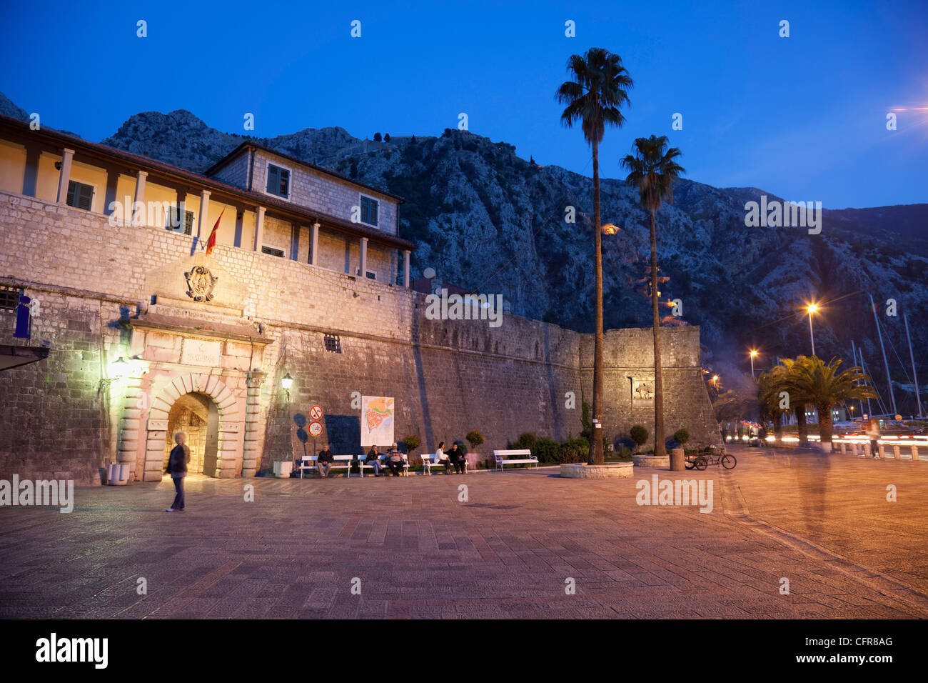 Sea Gate at night in the fortified told town of Kotor, UNESCO World Heritage Site, Montenegro, Europe Stock Photo