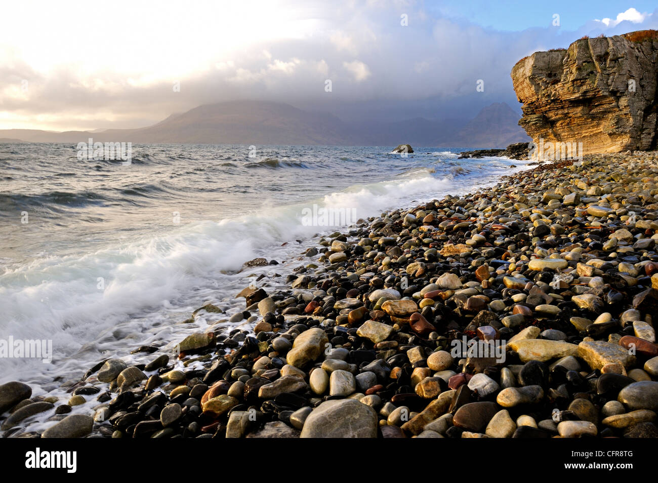 Waves breaking on the rocky foreshore at Elgol, Isle of Skye, Inner Hebrides, Scotland, United Kingdom, Europe Stock Photo