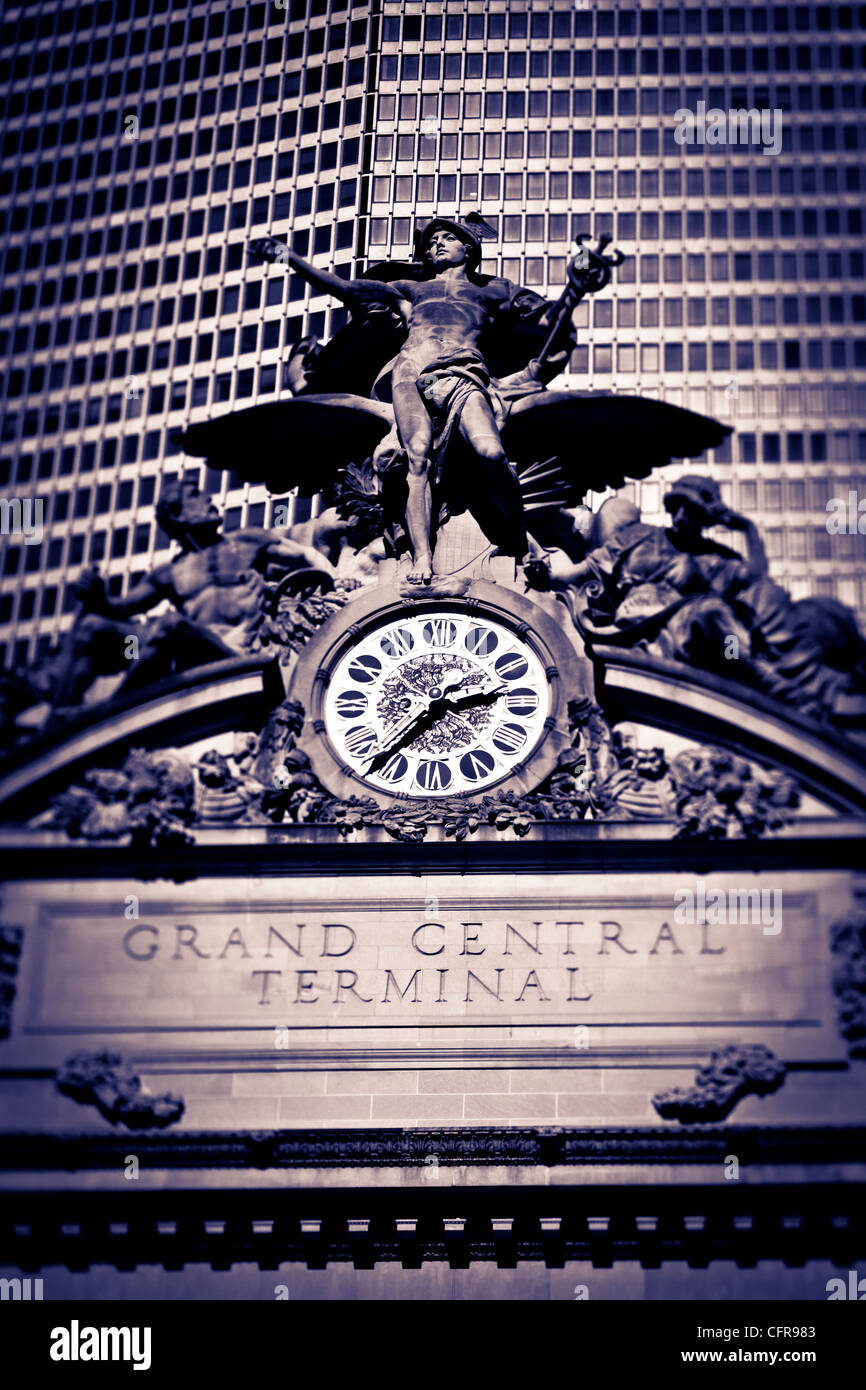 Statue of Mercury and Clock, New York, United States of America, North America Stock Photo
