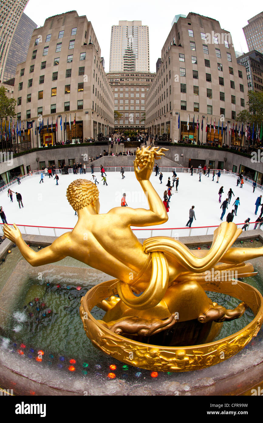 Ice skating rink below the Rockefeller Centre, New York, United States of America, North America Stock Photo