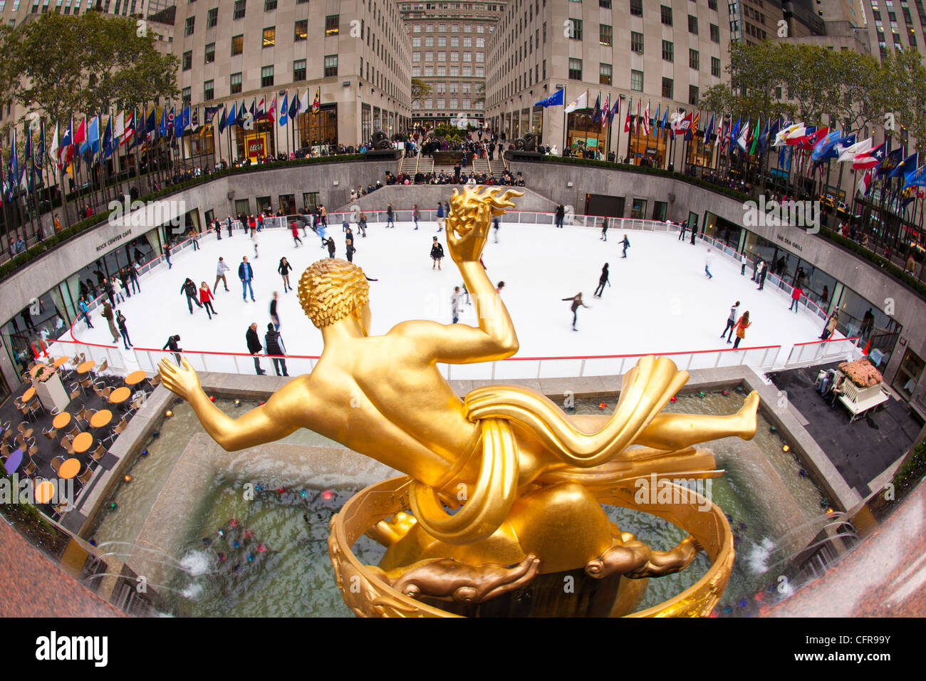 Ice skating rink below the Rockefeller Centre, New York, United States of America, North America Stock Photo