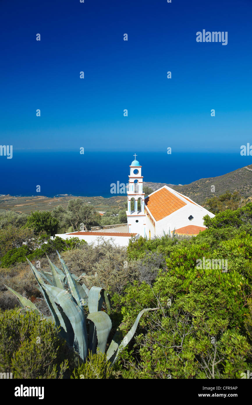 Church overlooking the Aegean Sea, Chania, Crete, Greek Islands, Greece, Europe Stock Photo