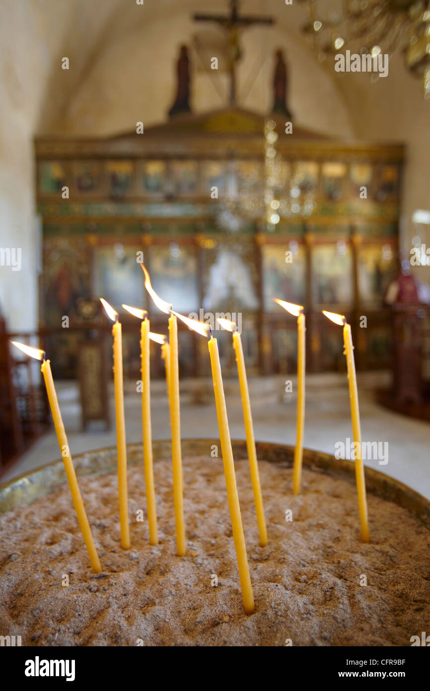 Candles in Orthodox church, Greece, Europe Stock Photo