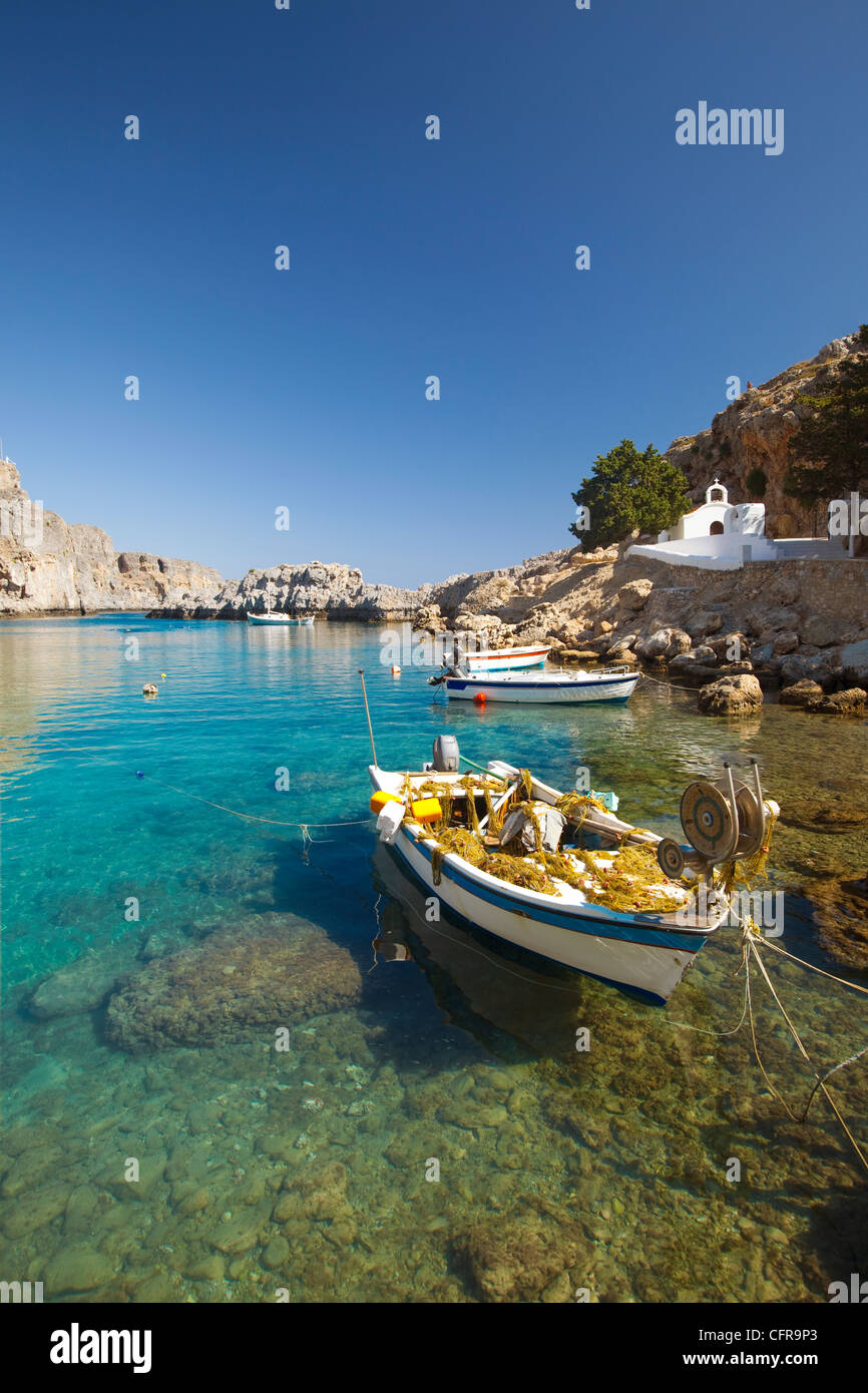 Agios Paulos church and fishing boats, Rhodes, Dodecanese, Greek Islands, Greece, Europe Stock Photo