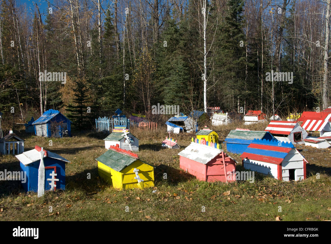 Athabaskan spirit houses in cemetery, Eklutna Historical Park, Eklutna