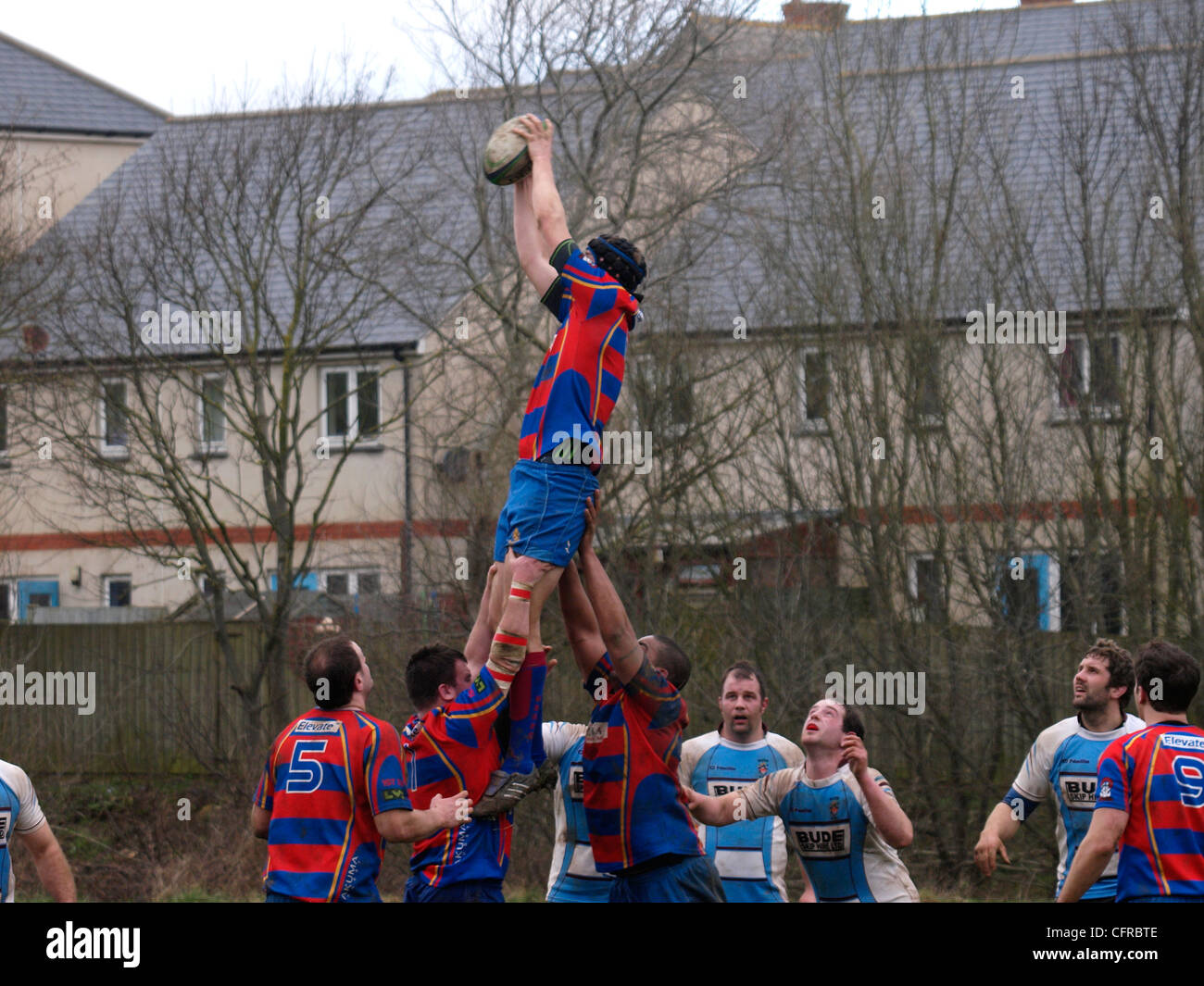 The line out lift, Rugby, Cornwall, UK Stock Photo