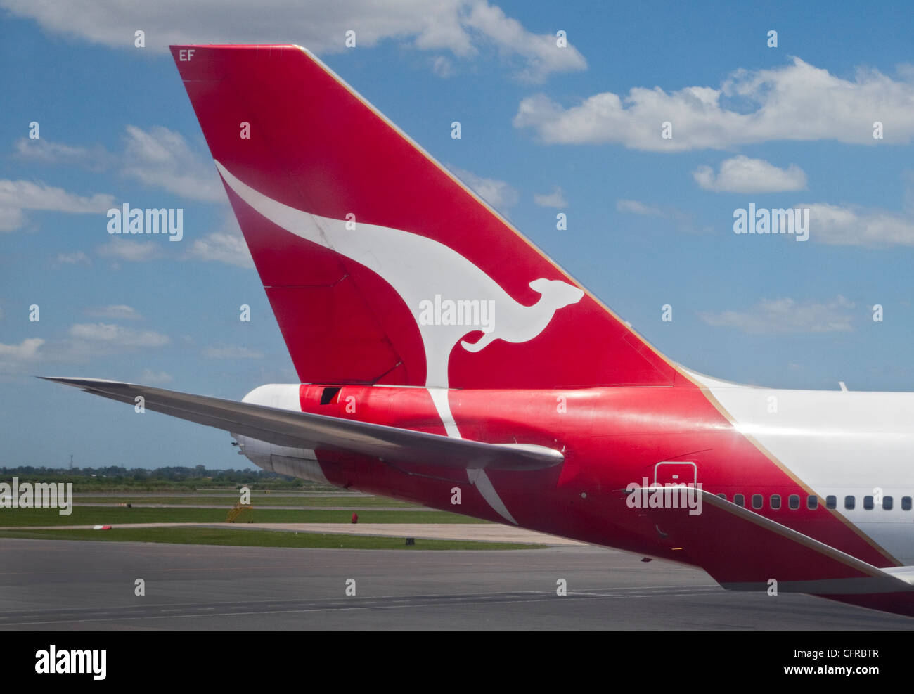 Qantas Logo on Aircraft Tail, Ministro Pistarini Airport, Buenos Aires, Argentina Stock Photo