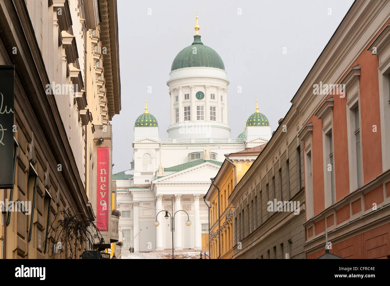 Helsinki cathedral viewed through one of the ancient streets. Helsinki, Finland. Stock Photo