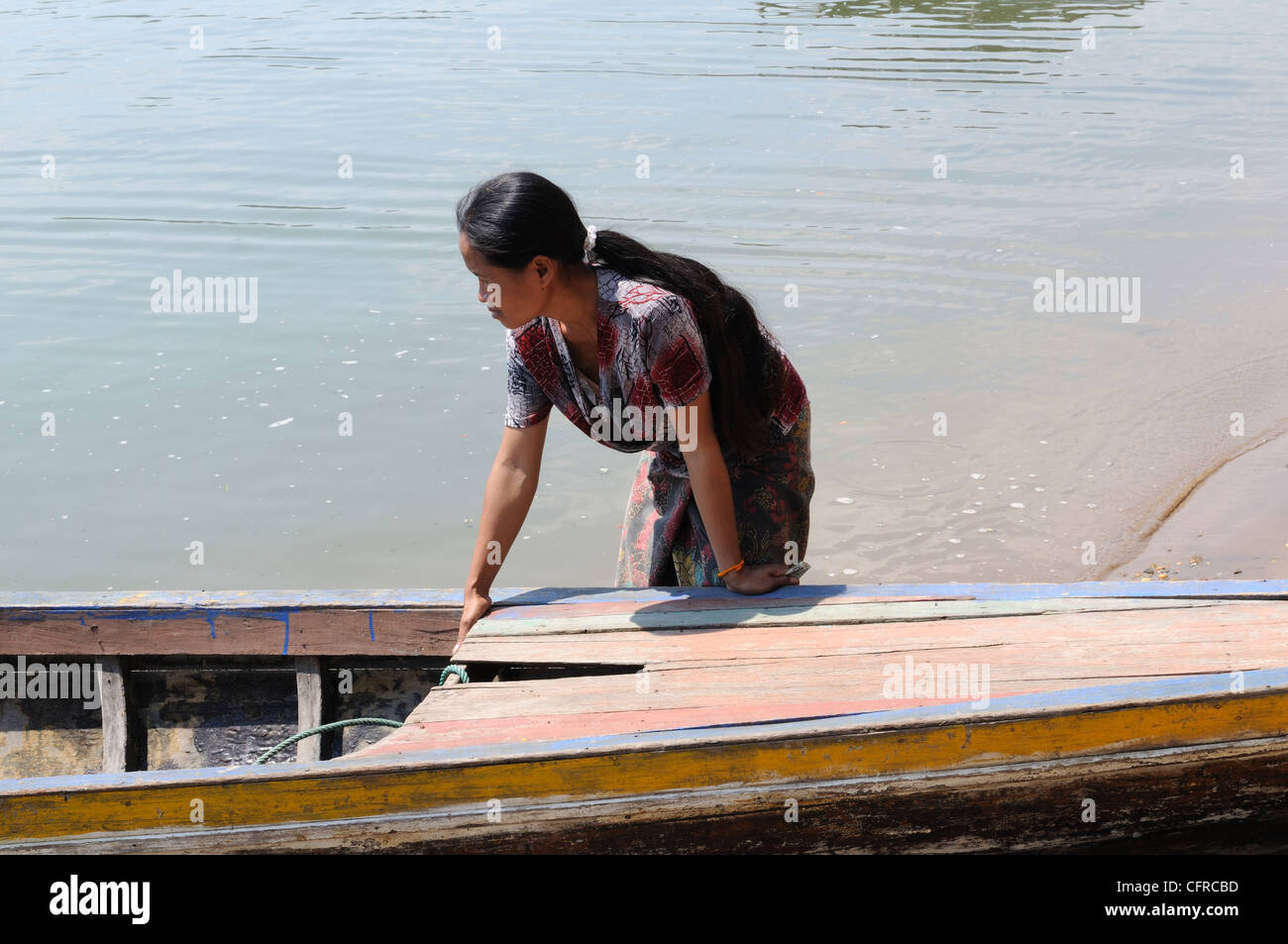 Lao boat woman at Don Det Village Si Phan Don Laos Stock Photo