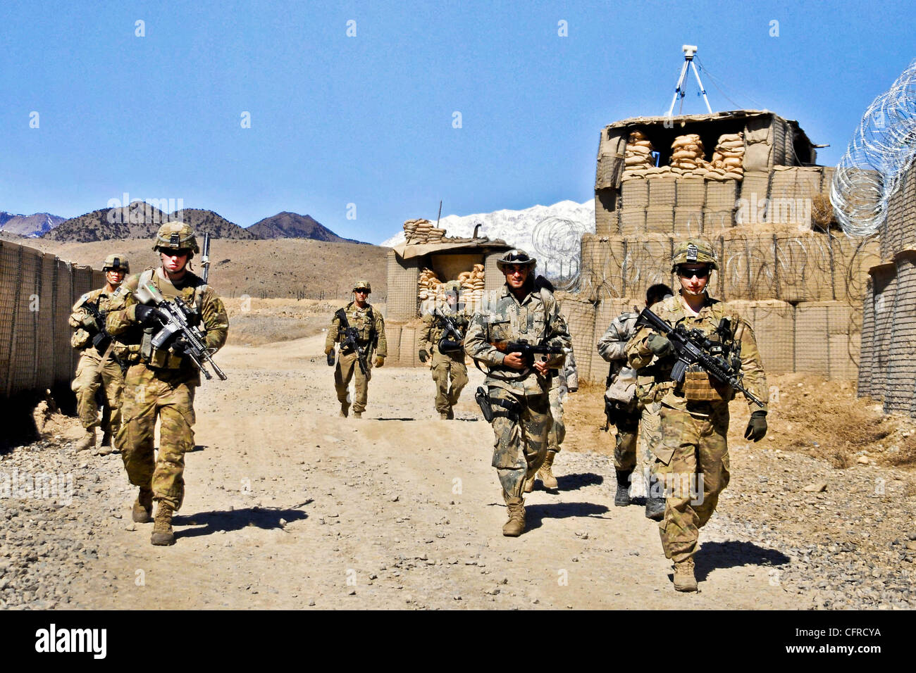 US Army soldiers conduct security patrols near the Pakistan border at Combat Outpost Dand Patan February 29, 2012 in Paktya province, Afghanistan. Stock Photo