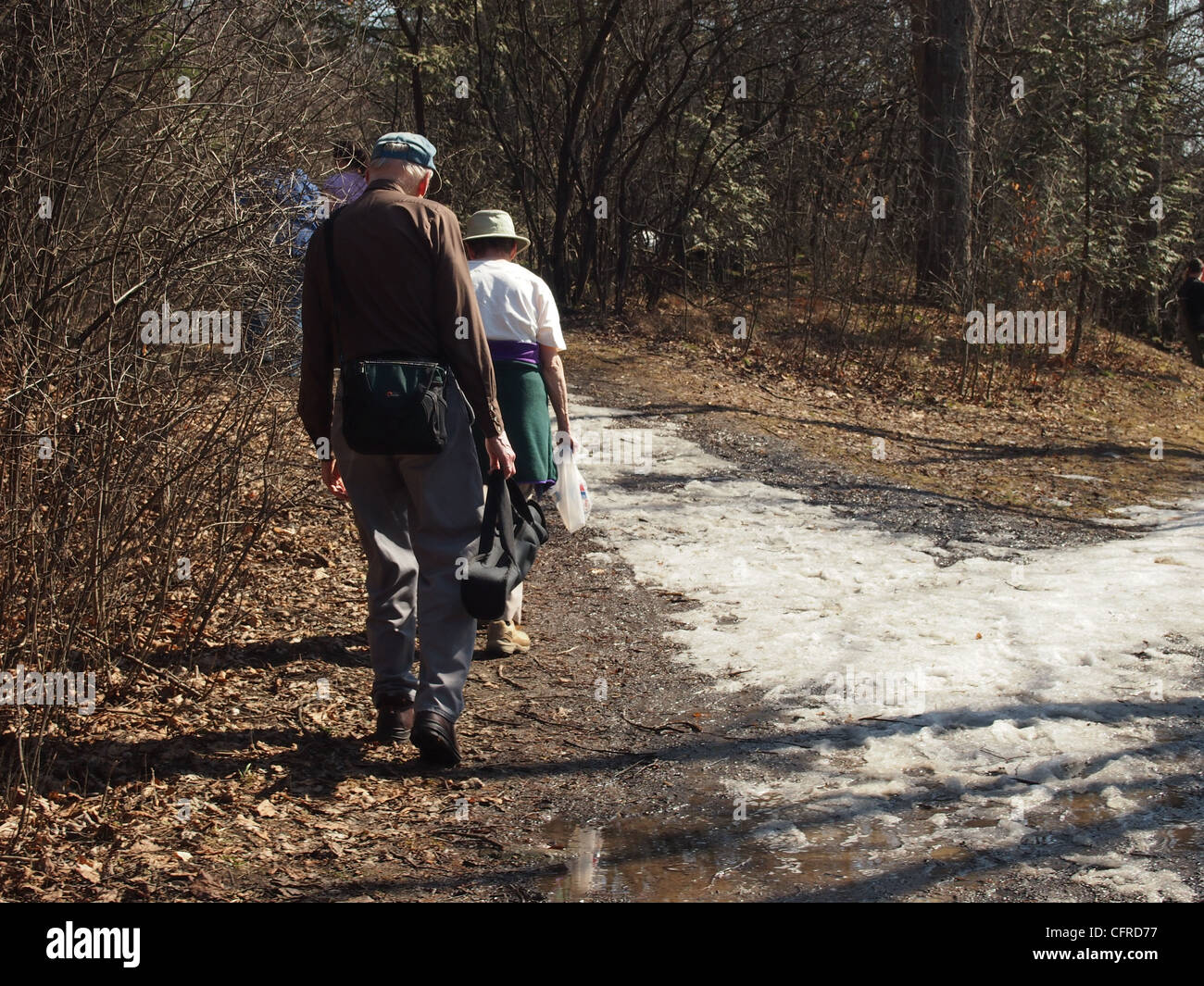 Senior couple hiking in the woods Stock Photo