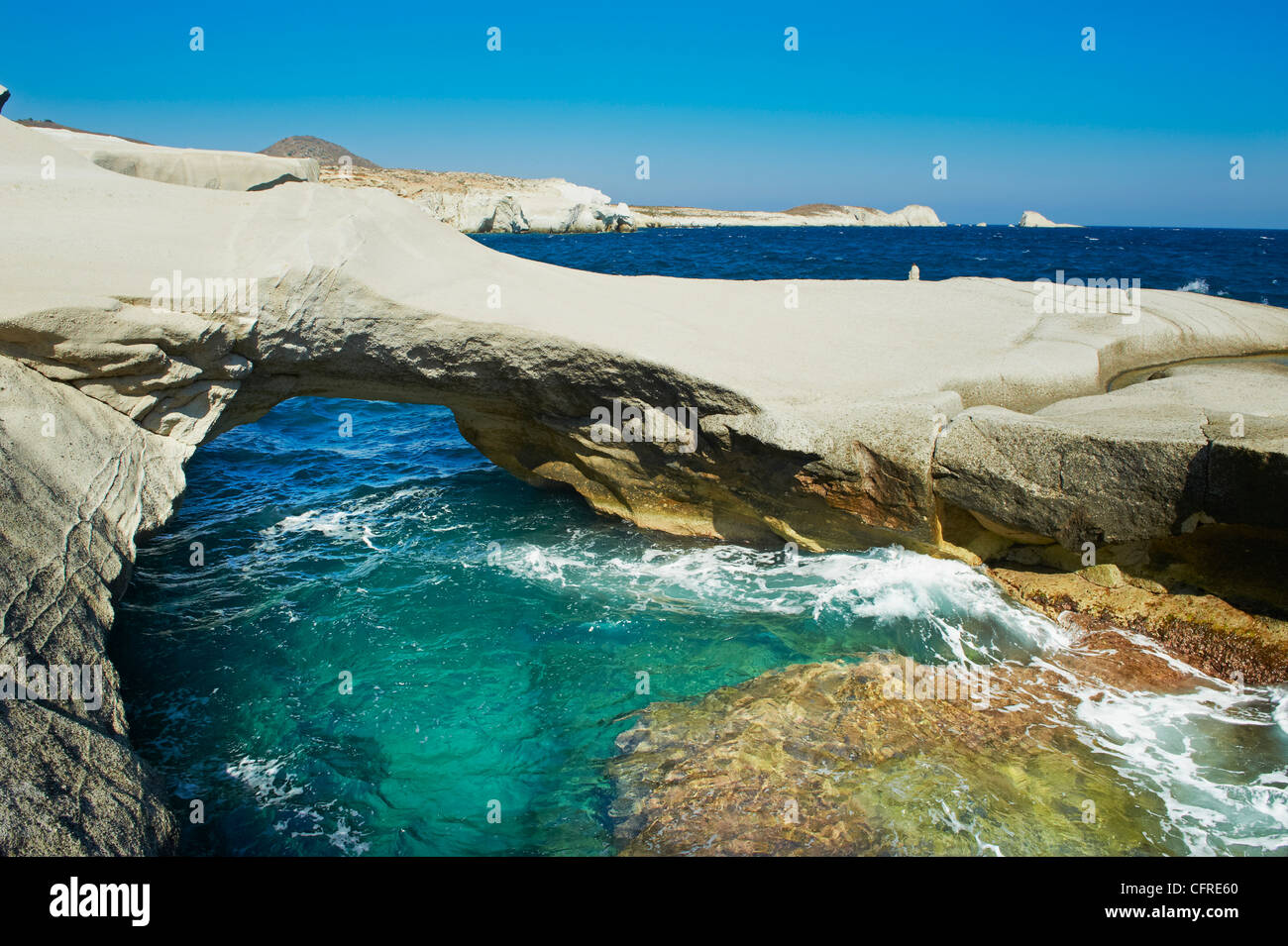 Sarakiniko lunar landscape, Sarakiniko beach, Milos, Cyclades Islands, Greek Islands, Aegean Sea, Greece, Europe Stock Photo