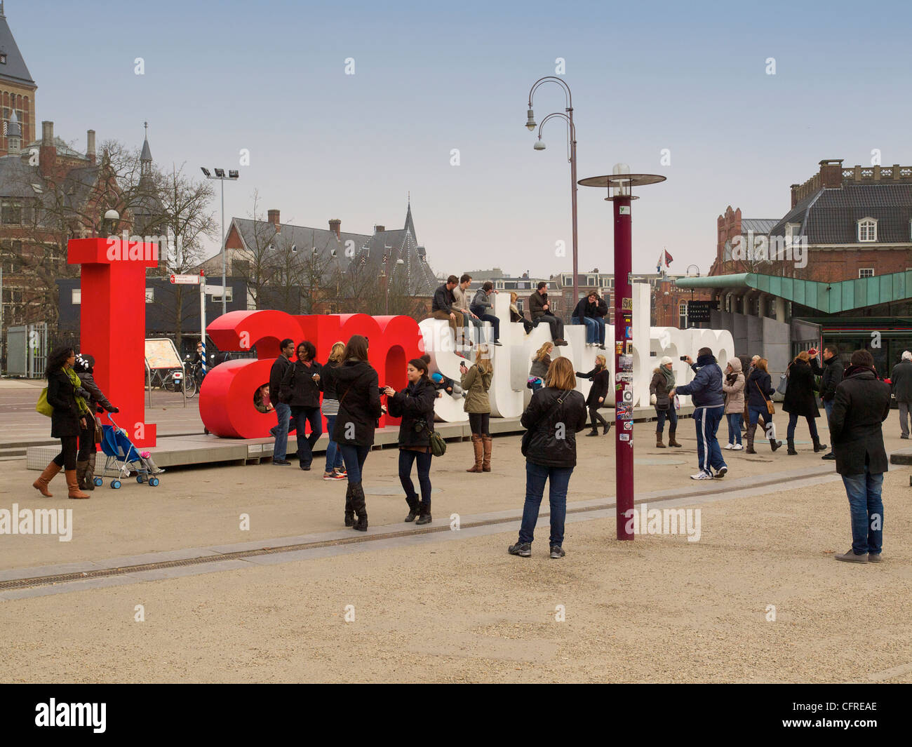 The I am sterdam letters sign on the Museumplein square is a very popular photo spot for tourists. Amsterdam the Netherlands Stock Photo