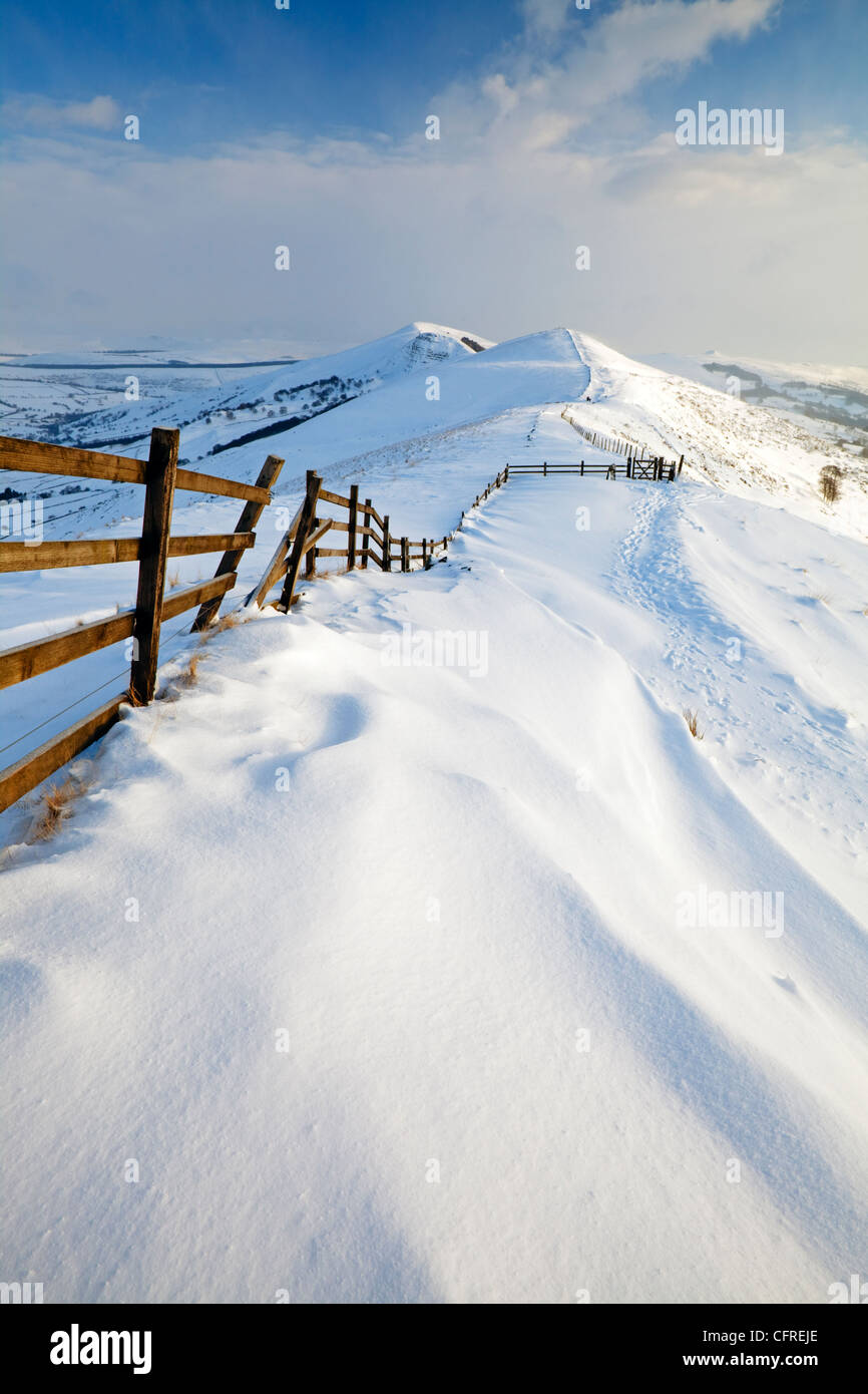 Snow Drifts in the forground, View towards Losehill Pike, Wards Hill Edale From Mam Tor Derbyshire UK, Stock Photo