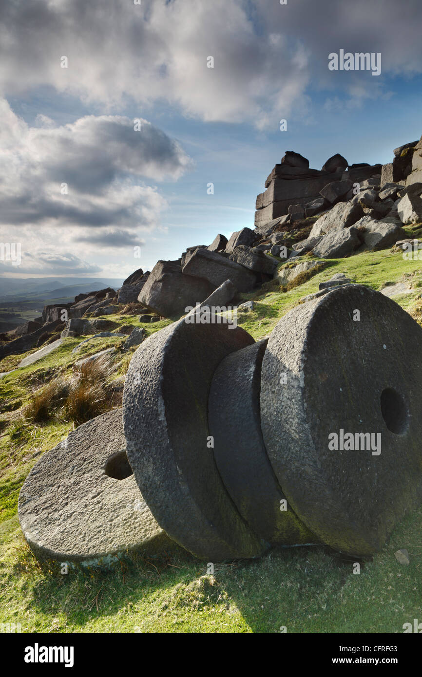 Vertical Photograph of Millstones at Stanage Edge in the Peak District National Park Stock Photo