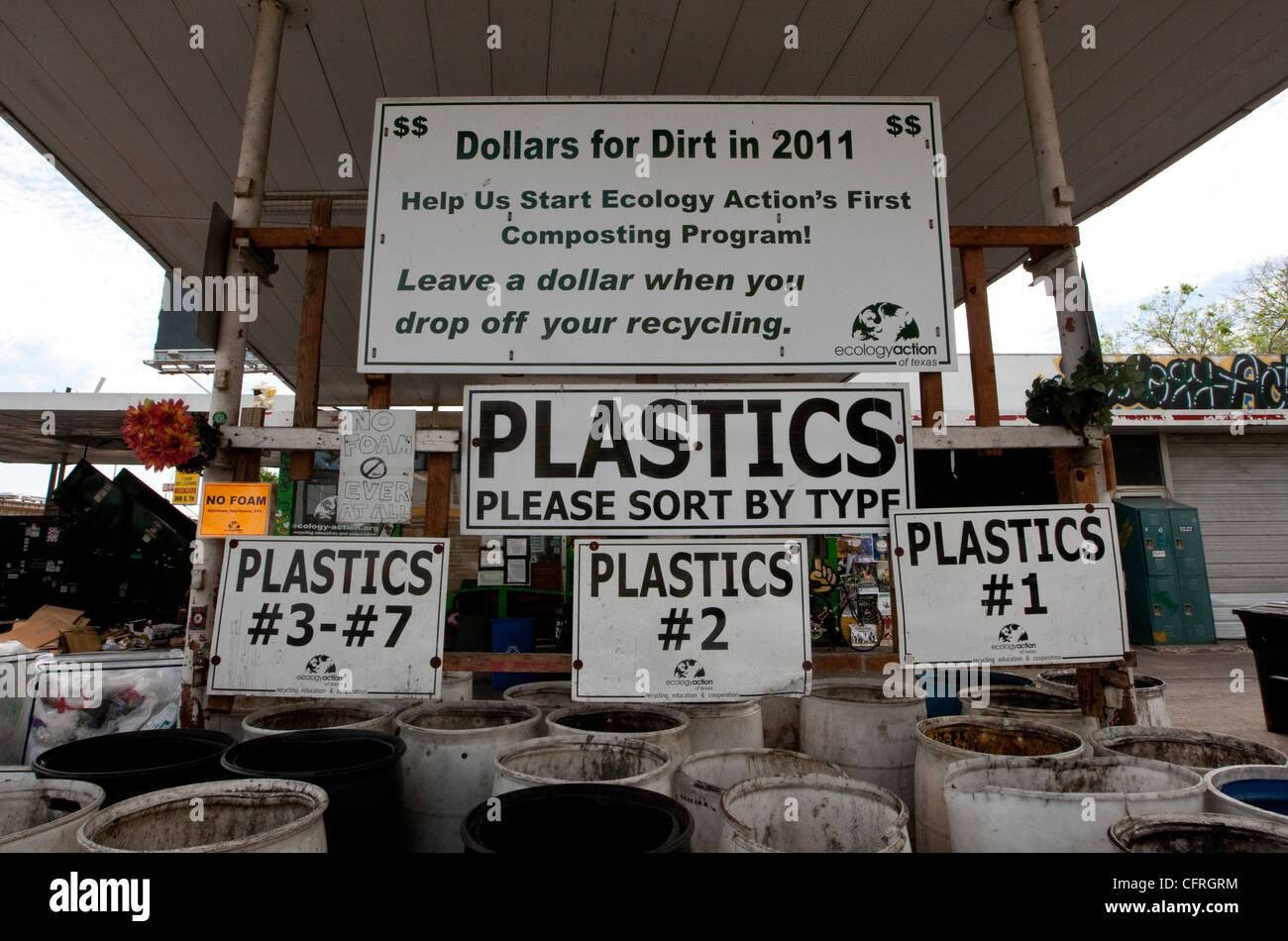 Bins at a recycling dropoff and processing center in Austin, Texas