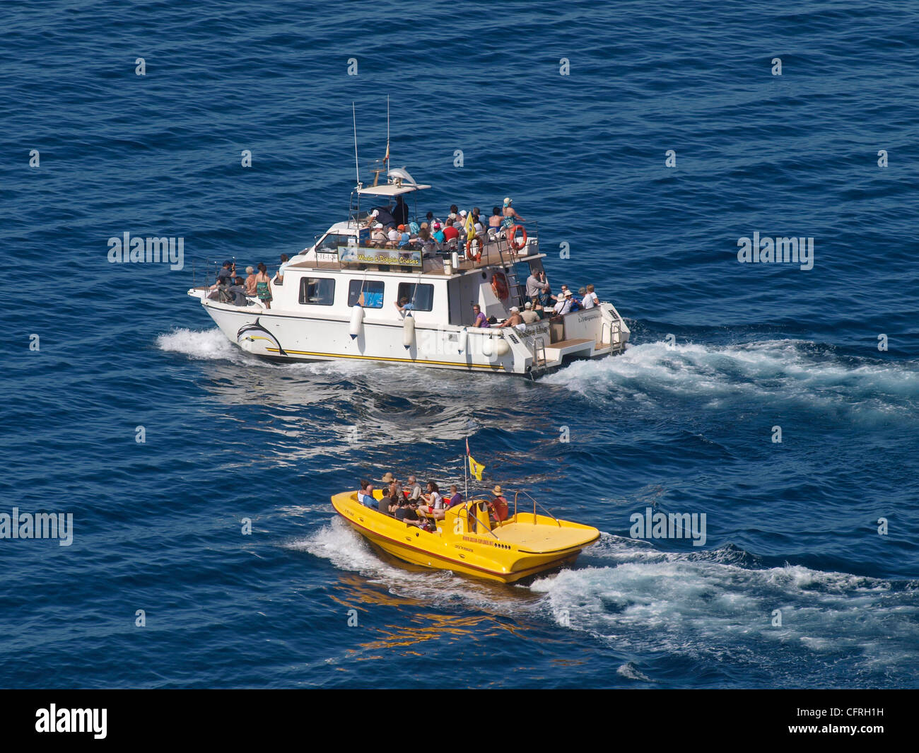 BOAT TRIPS LEAVING  LOS GIGANTES HARBOUR ON WHALE AND DOLPHIN WATCHING EXCURSION  TENERIFE SPAIN Stock Photo