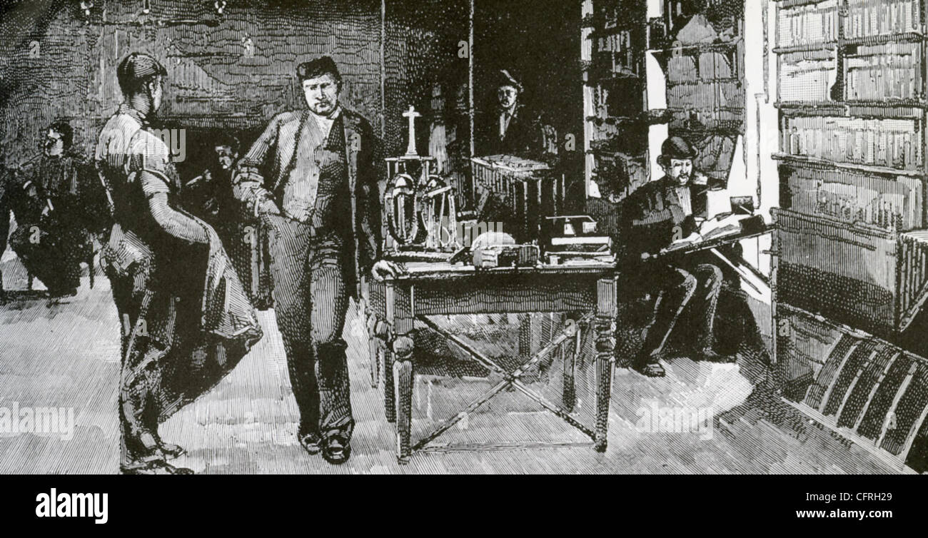 THOMAS EDISON (1847-1931) with assistants at his Menlo Park laboratory about 1885 Stock Photo