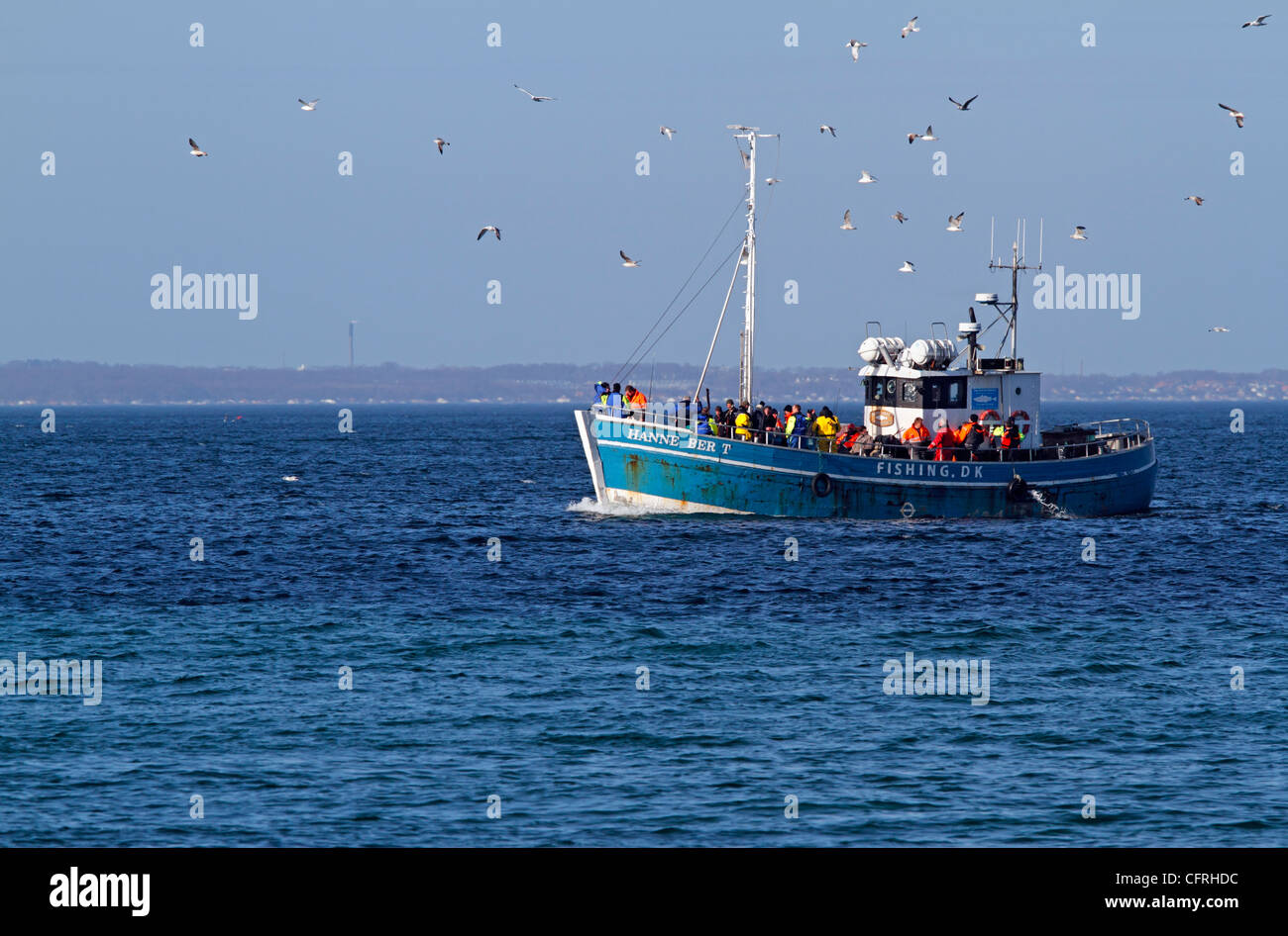 Charter and excursion fishing vessel Hanne Berit returning to Rungsted from a fishing trip on the Oresund with up to 33 anglers. Stock Photo