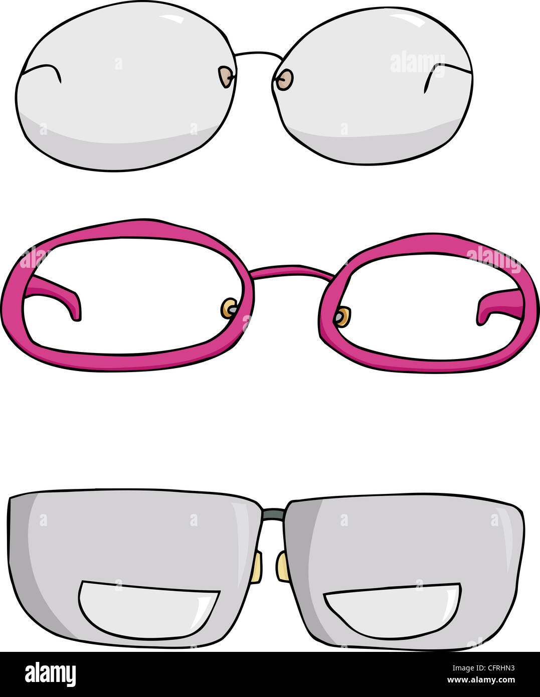 Three types of eyeglasses cartoons over white background Stock Photo