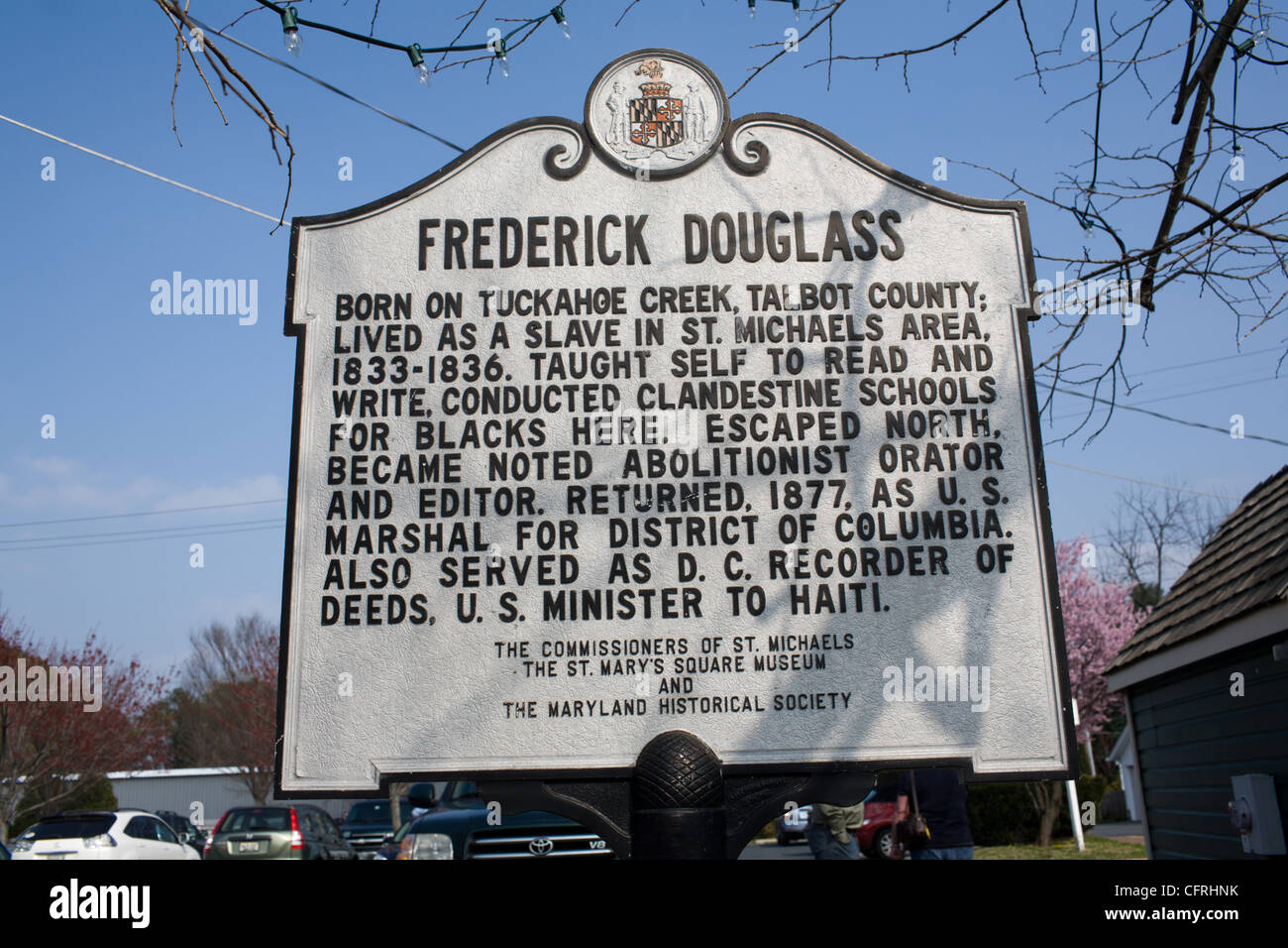 Historical marker notes life of abolitionist, Frederick Douglass, born here as slave, St. Michaels, Maryland, Eastern Shore Stock Photo