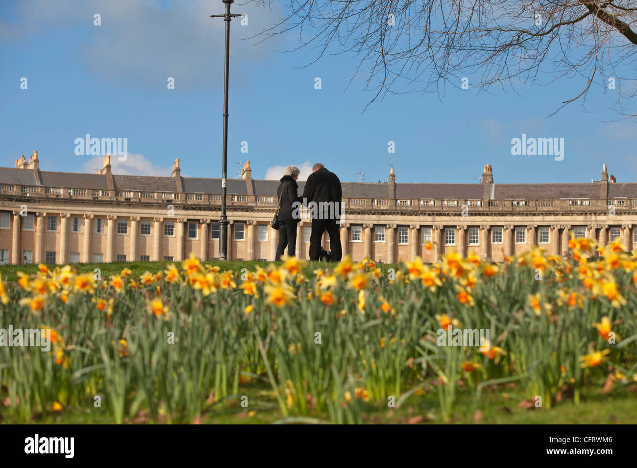 Tourists looking at the Royal Crescent, Bath, Somerset, in Spring with daffodils Stock Photo