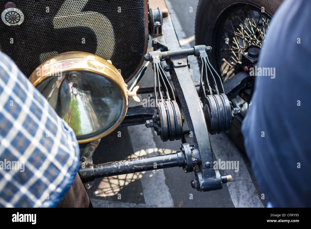 Lever shock absorbers on Jay Leno's 1917 Fiat race car the Botofogo Special Stock Photo