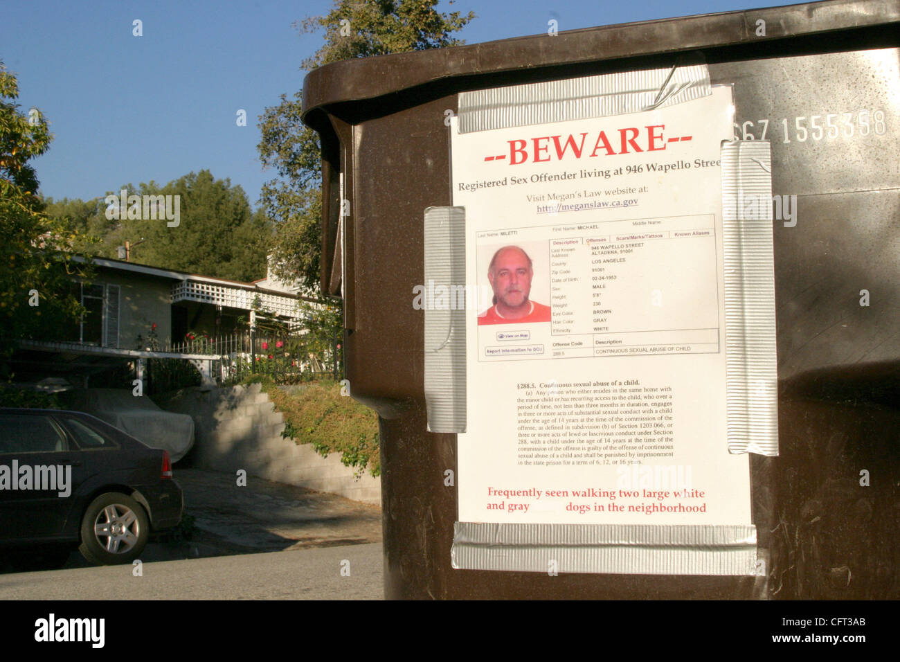 Dec 07, 2006; Altadena, CA, USA; Convicted child molester Michael Miletti's face, name and address appear on posters lining Wapello Street in Altadena, with the admonishment: 'Leave Our Neighborhood Now Child Molester.' Up since May, the signs are staked into lawns, taped to trash cans and nailed to Stock Photo