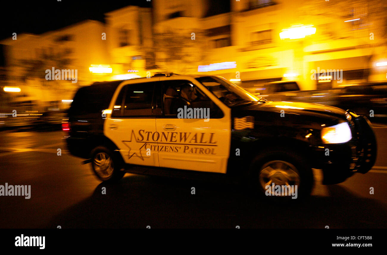 December 8, 2006, San Diego, California, USA The Stonewall Citizens patrol has been patrolling the North Park and Hillcrest areas at night due to the increase in crime. Here, a crew drives in Hillcrest on Friday night.   Mandatory Credit: Photo by K.C. Alfred/The San Diego Union-Tribune/Zuma Press.  Stock Photo