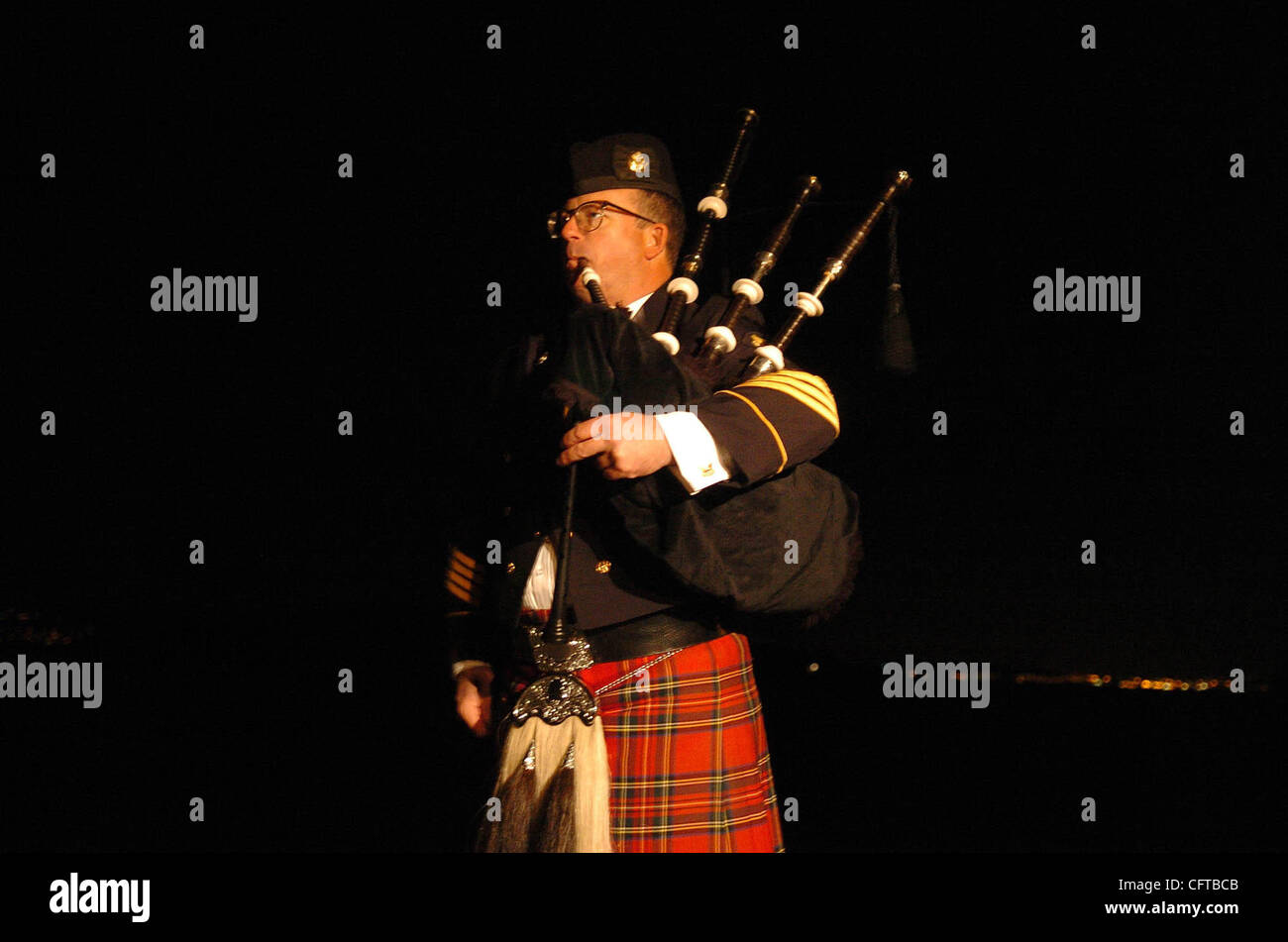 Spec. Rob Roy of the 91st Division Band plays the bagpipes during a memorial service for Army Sgt. 1st Class Merideth Howard at the Marina Green in San Francisco. Howard, 52, was killed in Kabul, Afghanistan earlier this year and is the oldest servicewoman to be killed in combat.(Sean Connelley/The  Stock Photo