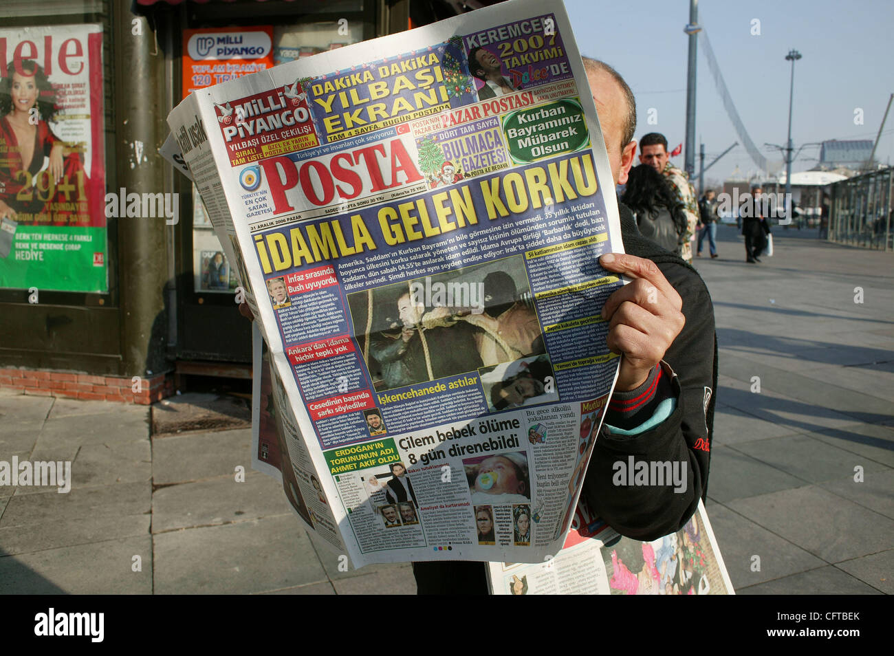 The front page of Turkey's Posta newspaper in Istanbul December 31 2006. The headline refers to the fear of violence after the execution,  and shows Saddam Hussein before his hanging yesterday in Baghdad, for crimes against humanity. Stock Photo