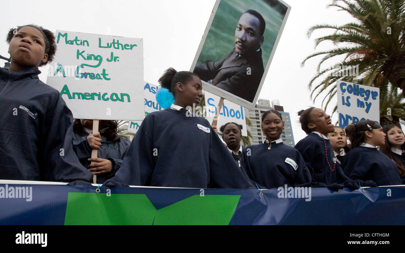 January 13, 2007_San  Diego, CA_ San Diegans celebrated the life of Martin Luther King downtown by following a circular parade route around Petco Park.  These students from Gompers Middle School showed their support for Dr. King's teachings.  Mandatory Credit: John Gastaldo/The San Diego Union-Tribu Stock Photo